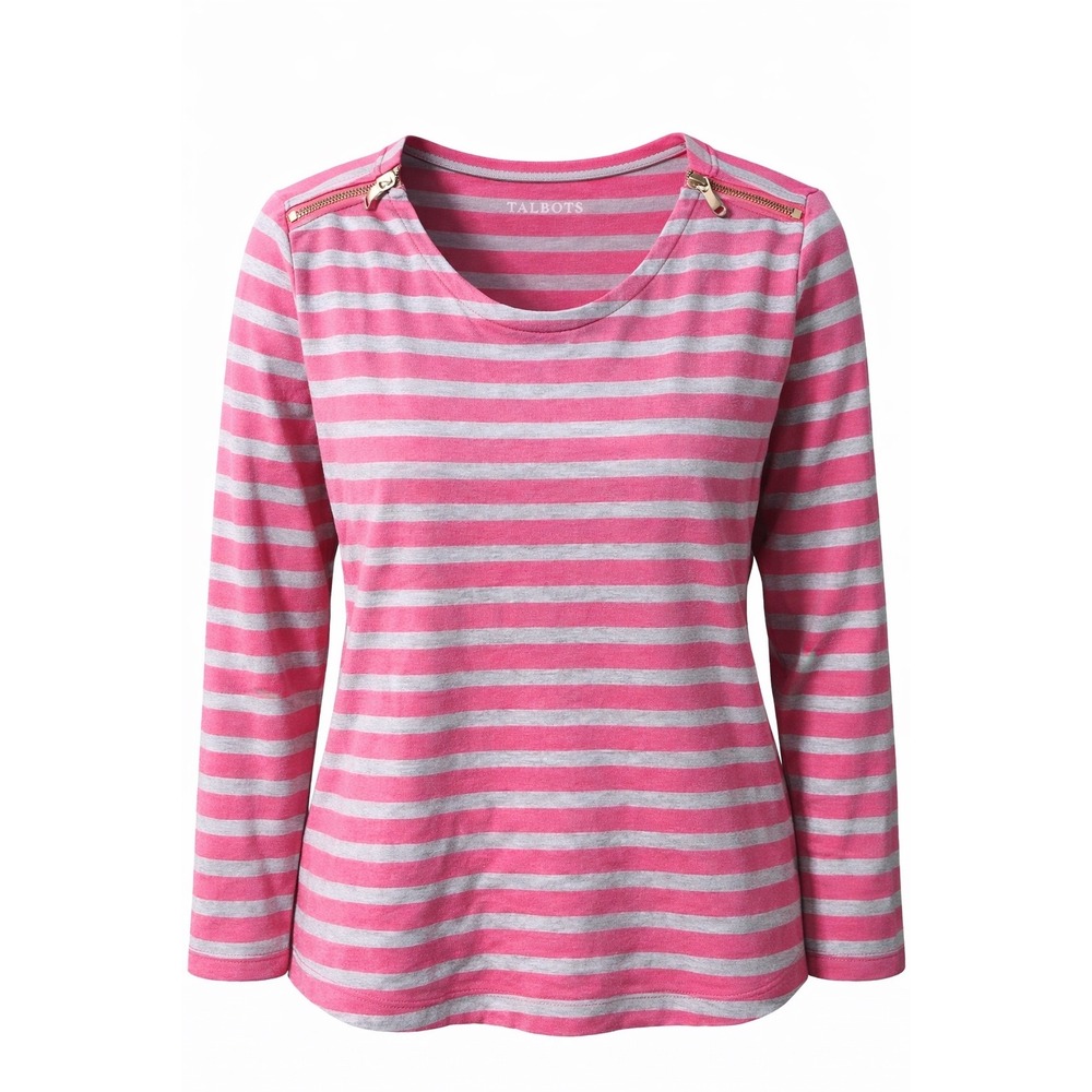 Talbots Women L Pink Grey Striped Long Sleeve Classic Cotton Top Shoulder Zipper